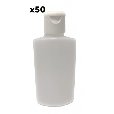 Lot de 50 Flacons PEHD transparent vide de 100 ml, avec bouchon reducteur Flip Top , pour conditionner les  gels hydroalcoolique